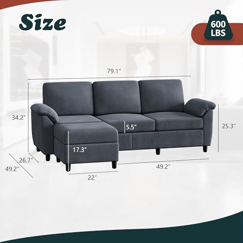 79 Convertible L Shaped Sectional Sofa with Removable Pillows, Mid Century Design for Living Room, Apartment and Office (Gray)