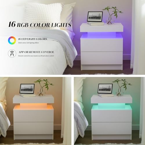 Modern White LED Nightstand with 2 Drawers for Bedroom