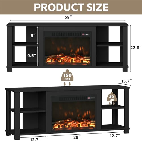 Modern Black Fireplace TV Stand for Up to 65" TVs