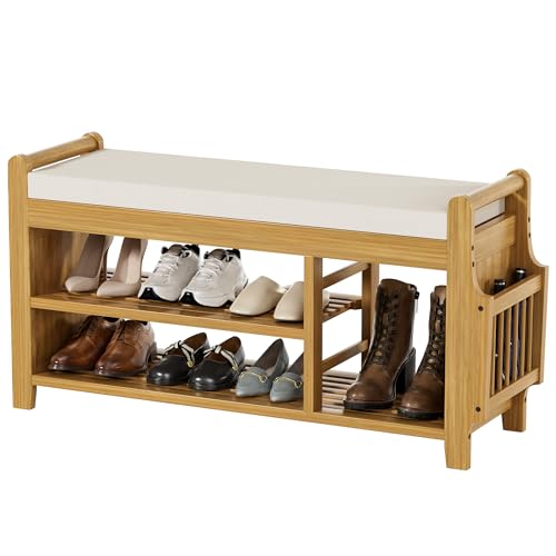 Bamboo 2-Tier Shoe Bench with Hidden Drawer