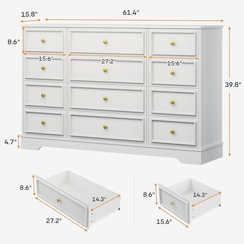 Large 12-Drawer Dresser for Bedroom Storage- Hasuit White Chest of Drawers