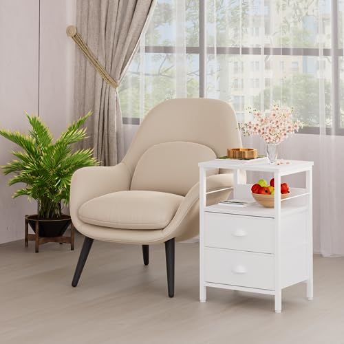 White Nightstand with Fabric Drawers and 2-Tier Shelf for Bedroom/Living Room/Hallway