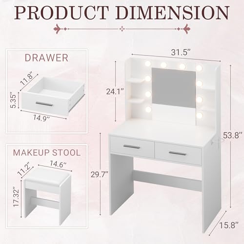 White Makeup Vanity Desk with Mirror, Lights & Storage