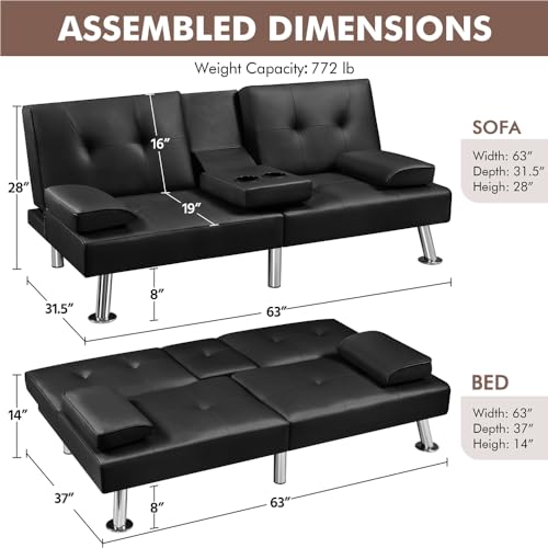 Modern Convertible Sofa Bed with Adjustable Recliner, Cup Holders, and 3 Angles for Guests - Black