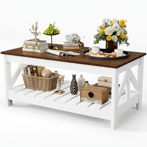 Farmhouse Coffee Table with Storage Shelf for Living Room