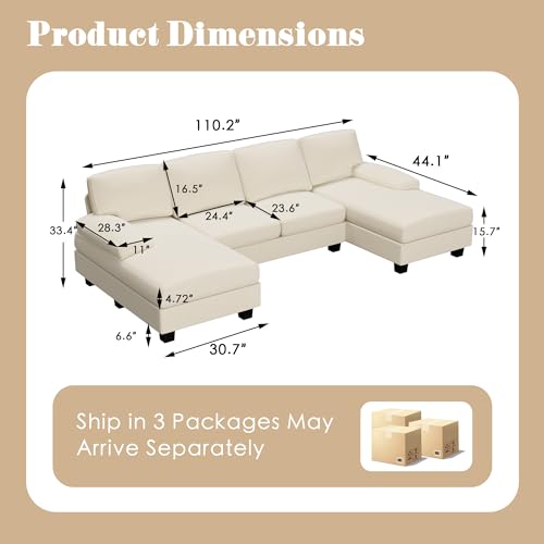 Modern White Sectional Sofa Set for Living Room with Double Chaise and Memory Foam