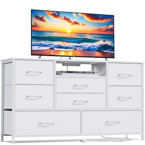 White Dresser with Power Outlet for 55 TV Stand & 8 Drawers - Ideal for Bedroom, Living Room, Entryway, Hallway, or Closet
