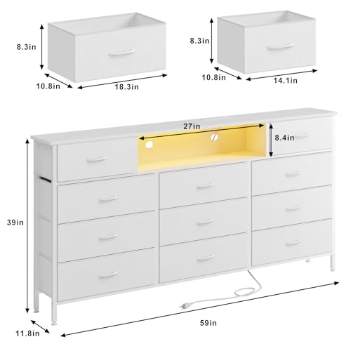 White Long Dresser with Charging Station, LED Lights, and 11 Drawers for Bedroom and Living Room