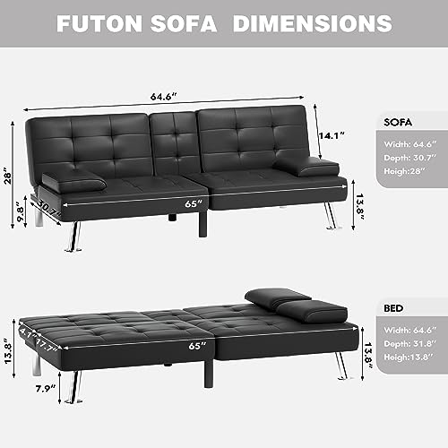 Faux Leather Futon Sofa Bed with Adjustable Sleeper for Living Room in Black