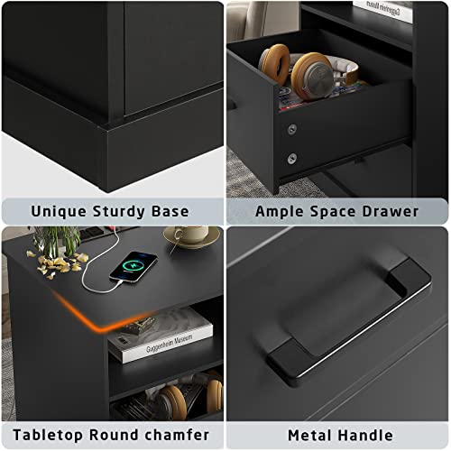 Spacious Large Black Nightstand with Charging Station and Storage Drawers