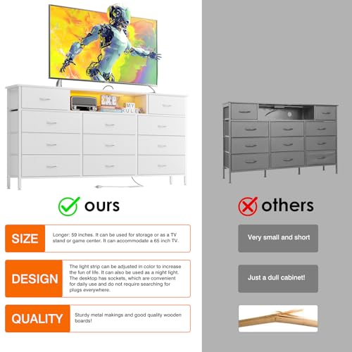 White Long Dresser with Charging Station, LED Lights, and 11 Drawers for Bedroom and Living Room