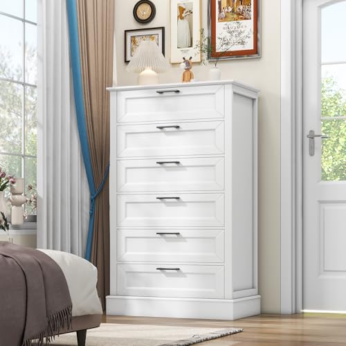 Modern Farmhouse Style 6-Drawer Tall White Dresser for Bedroom