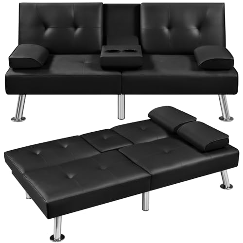 Modern Convertible Sofa Bed with Adjustable Recliner, Cup Holders, and 3 Angles for Guests - Black