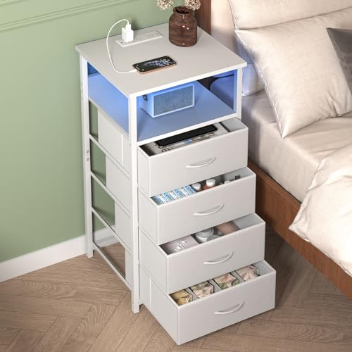 White Nightstand with Charging Station for Bedroom