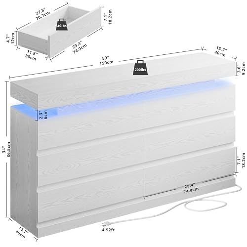 59 LED Dresser with 6 Drawers for Bedroom, White