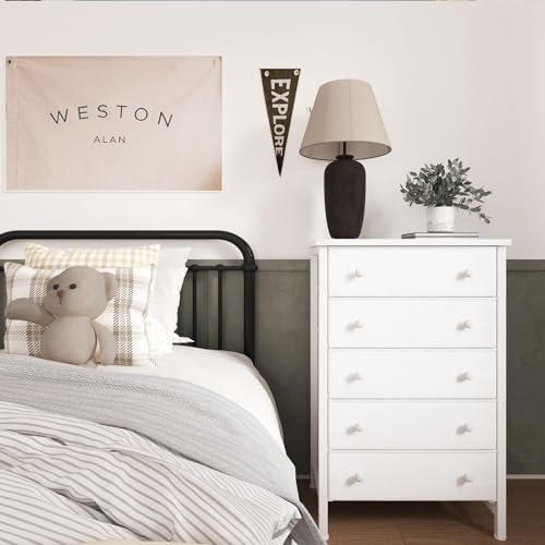 Modern White 5-Drawer Chest for Girls' and Kids' Bedroom Storage