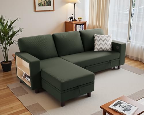 80 Sleeper Sofa Bed with Storage Chaise and USB Ports for Living Room or Apartment (Green)