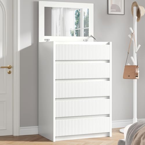 Modern 5-Drawer White Dresser with Mirror for Bedroom and Living Spaces