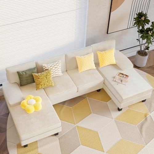 Modern U-Shaped Convertible Sectional Sofa for Living Room, Beige White