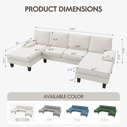 Modern U-Shaped Convertible Sectional Sofa for Living Room, Beige White