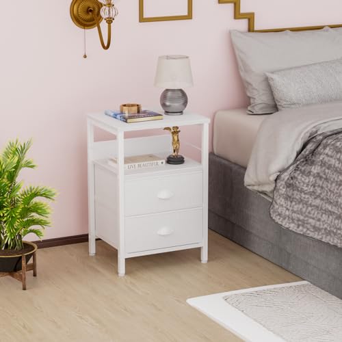 White Nightstand with Fabric Drawers and 2-Tier Shelf for Bedroom/Living Room/Hallway