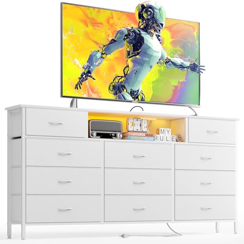 White Long Dresser with Charging Station, LED Lights, and 11 Drawers for Bedroom and Living Room