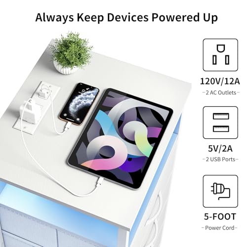 White Nightstand with Charging Station and USB Ports for Bedroom
