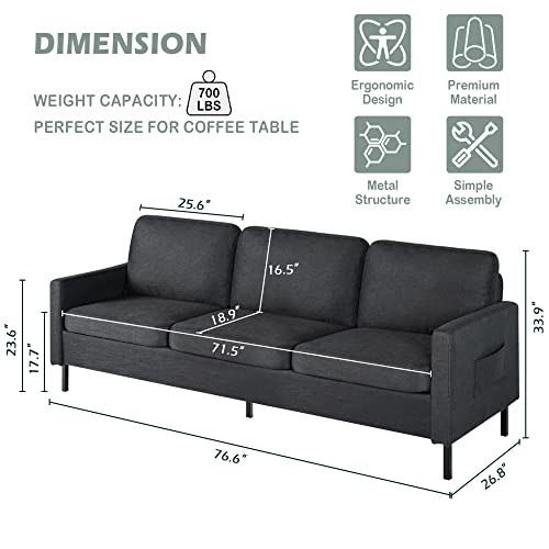 72 Fabric 3-Seater Couch with USB Ports for Small Spaces