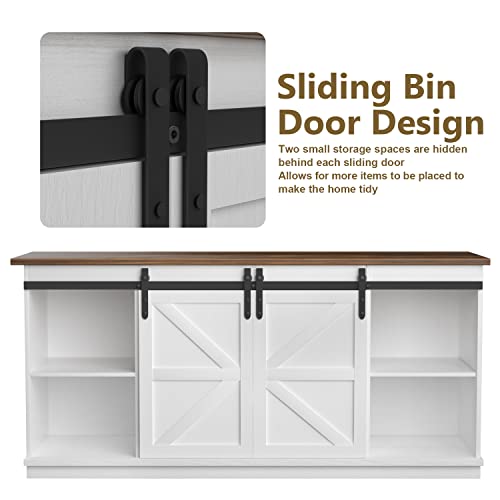 Modern White TV Stand for 65 Inch TV with Storage Cabinets and Sliding Barn Doors