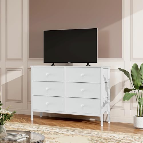 White 6-Drawer Dresser for Kids and Nursery, Metal Frame & TV Entertainment Center