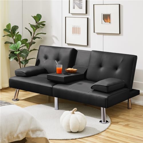 Modern Convertible Sofa Bed with Adjustable Recliner, Cup Holders, and 3 Angles for Guests - Black