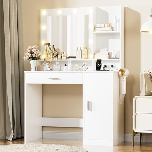 Makeup Vanity Desk with Mirror, Lights, Drawers, and Cabinet for Bedroom Dressing Room (White)