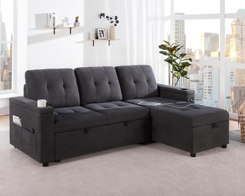 Grey Linen L-Shaped Sofa Bed with USB Ports & Storage