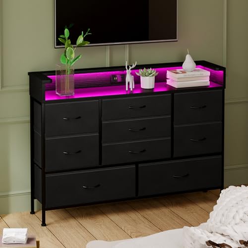 LED Dresser with 9 Drawers & Charging Station for Kids' & Living Rooms