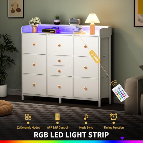 Kids' Bedroom Dresser with Charging Station, LED Lights, 10 Drawers