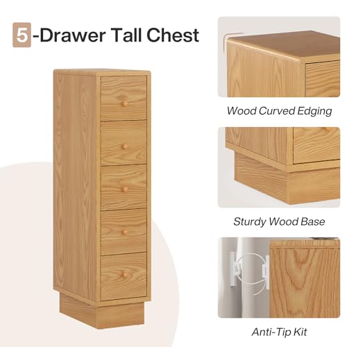 Slim Wood Dresser with 5 Drawers for Small Spaces