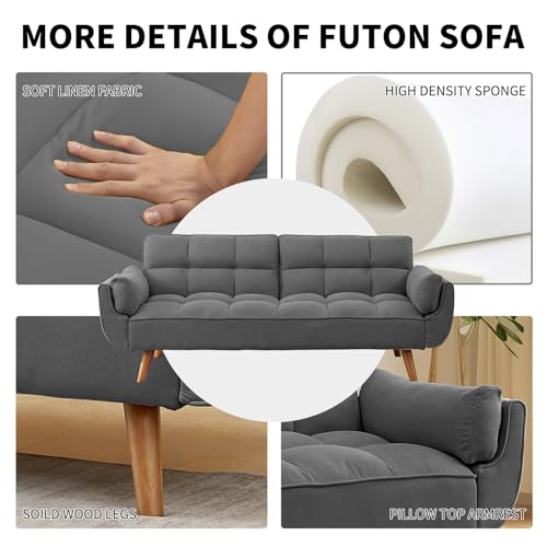 Modern Convertible Futon Sofa Bed with Adjustable Backrest - Dark Gray, 75 Wide - For Small Spaces and Bedrooms