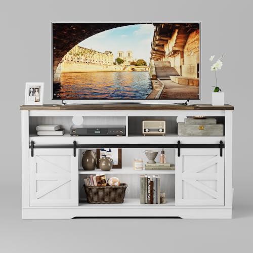 Bright White Fireplace TV Stand for Over 65 Inch TVs with Storage & Sliding Barn Door