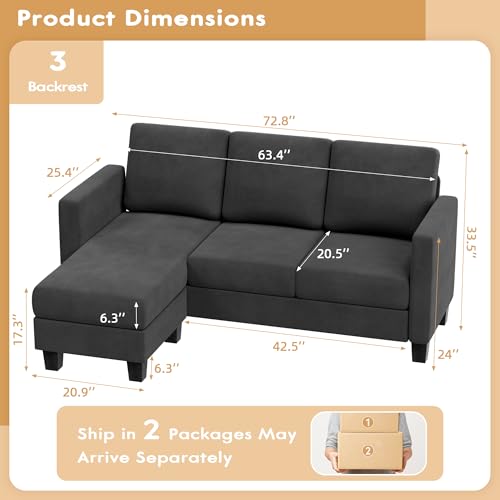 VICTONE Convertible Sectional Sofa Couch for Small Apartments, Living Room and Office (Dark Gray)