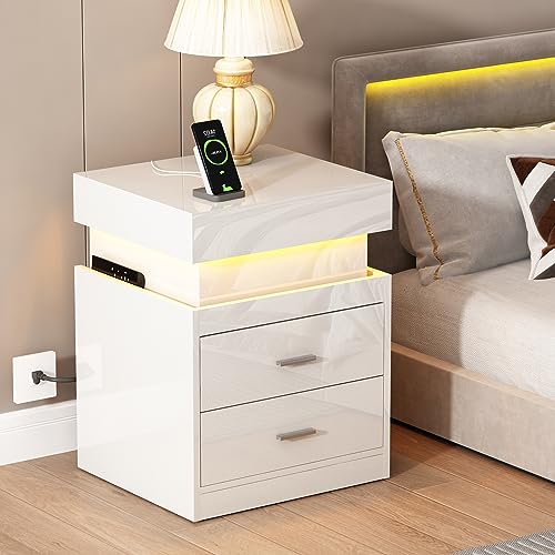 Modern White LED Nightstand with USB Charging and Storage