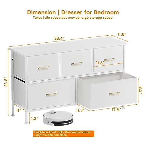 White 5-Drawer Dresser for Kids Room or TV Stand, with Fabric Drawers and Metal Handles