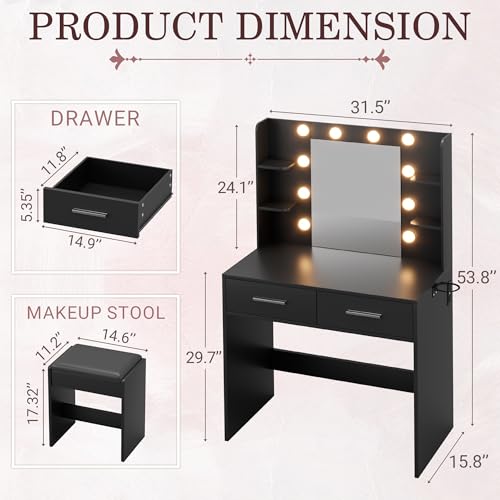 Black Makeup Vanity Desk with Mirror, Lights & Power Outlet - 2 Drawers, 6 Shelves, Bench