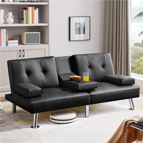 Modern Convertible Sofa Bed with Adjustable Recliner, Cup Holders, and 3 Angles for Guests - Black