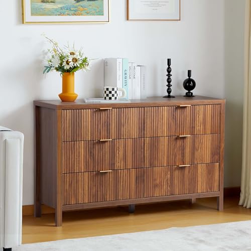 Modern 6 Drawer Double Dresser for Bedroom, Walnut