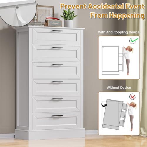 55 Inch Tall White 6 Drawer Dresser for Bedroom and Living Room