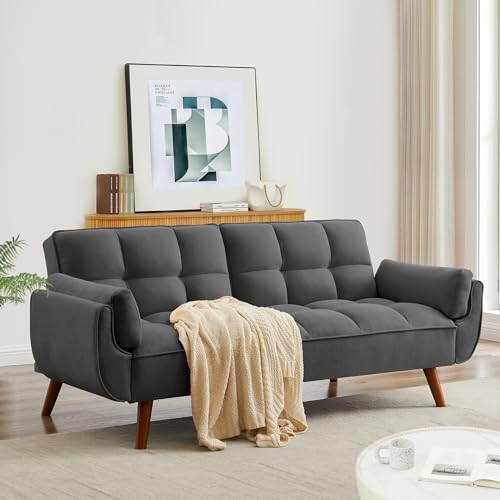 Dark Gray Modern Convertible Futon Sofa Bed - Adjustable Backrest, 75 Wide