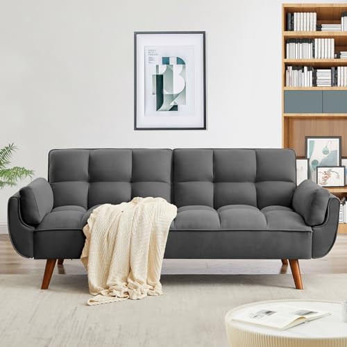 Modern Convertible Futon Sofa Bed with Adjustable Backrest - Dark Gray, 75 Wide - For Small Spaces and Bedrooms