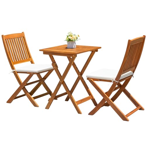 Outdoor Patio Bistro Set for Balcony or Lawn: 3 Piece Folding Acacia Wood Chairs with Cushion
