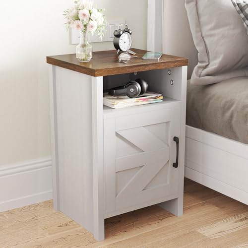 Modern Farmhouse Nightstand with Barn Door and Shelf for Bedroom/Living Room (Set of 2, White)