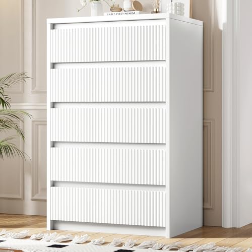 Modern 5-Drawer White Dresser with Mirror for Bedroom and Living Spaces